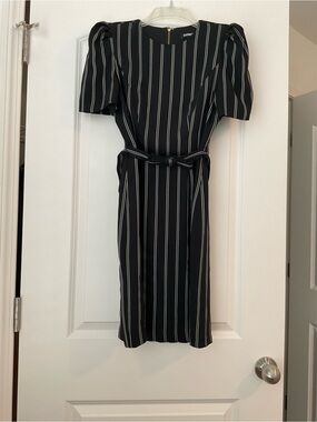 Express Black & White Pinstripe Belted Puff-Sleeve Midi Dress